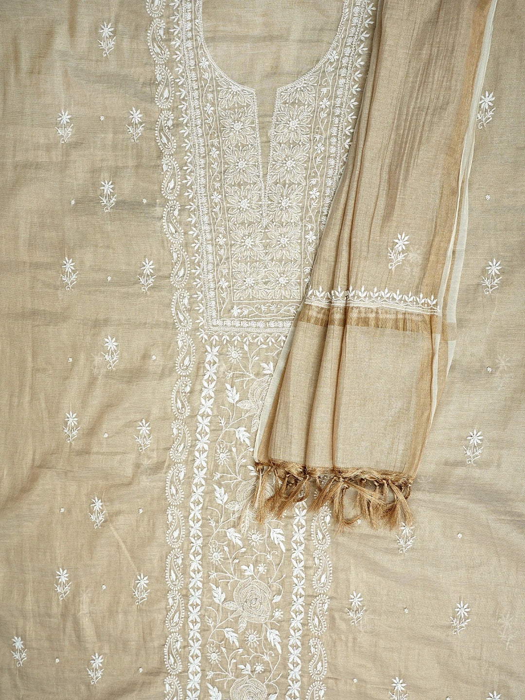 Ada Hand Embroidered Fawn Tissue Lucknowi Chikankari Unstitched Kurta Dupatta Set With Pearl Work 01A968213