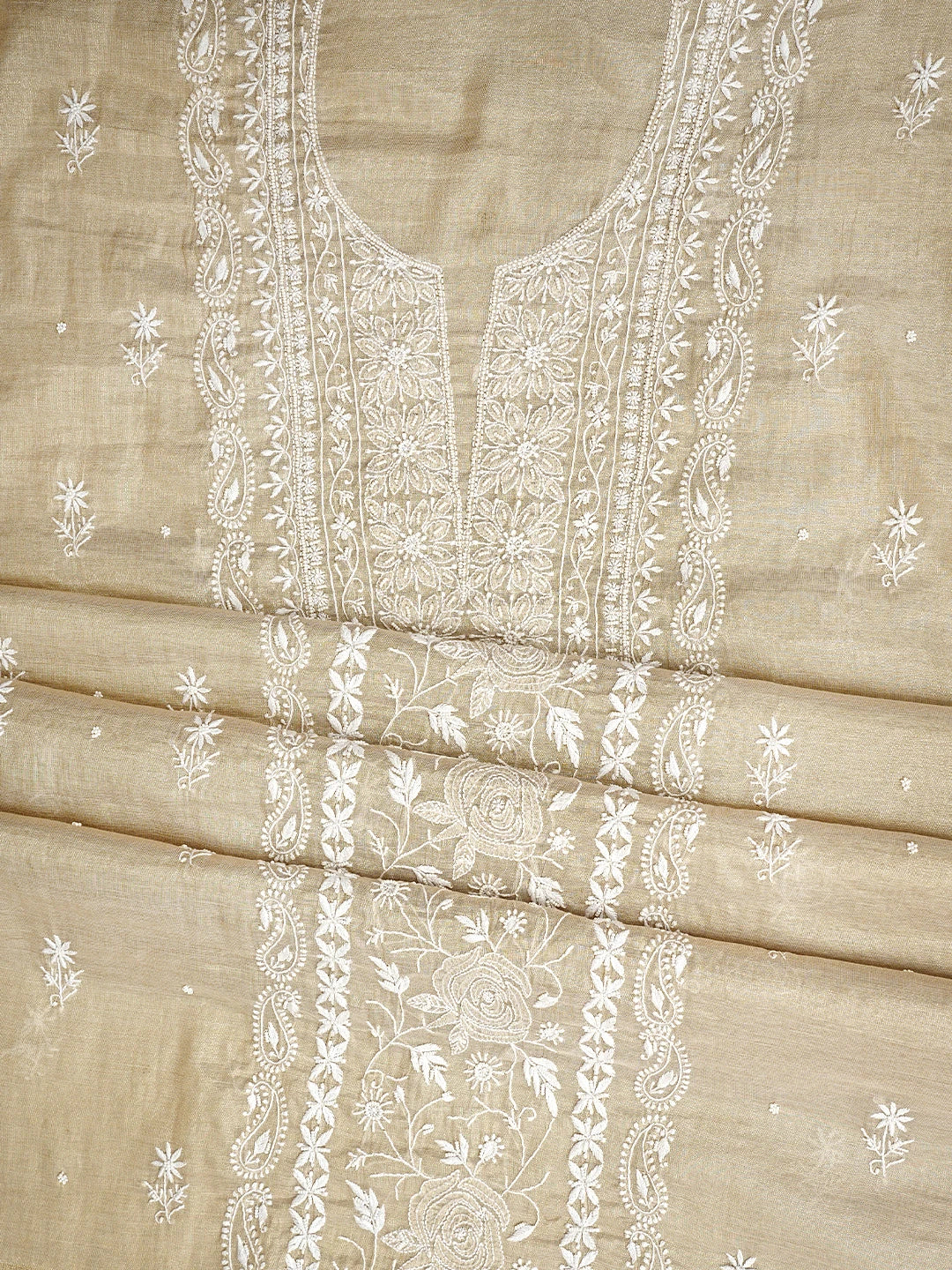 Ada Hand Embroidered Fawn Tissue Lucknowi Chikankari Unstitched Kurta Dupatta Set With Pearl Work 01A968213