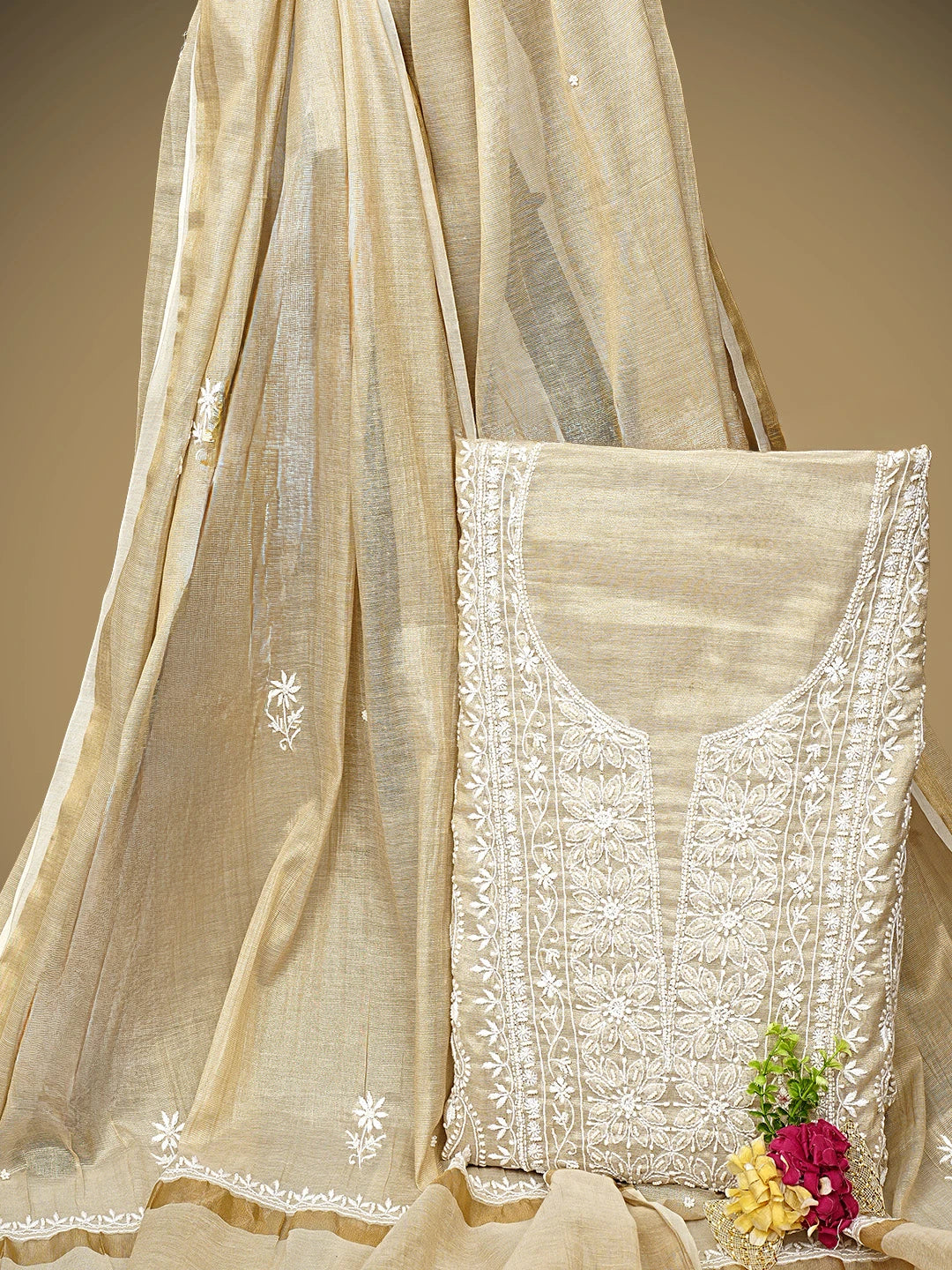 Ada Hand Embroidered Fawn Tissue Lucknowi Chikankari Unstitched Kurta Dupatta Set With Pearl Work 01A968213