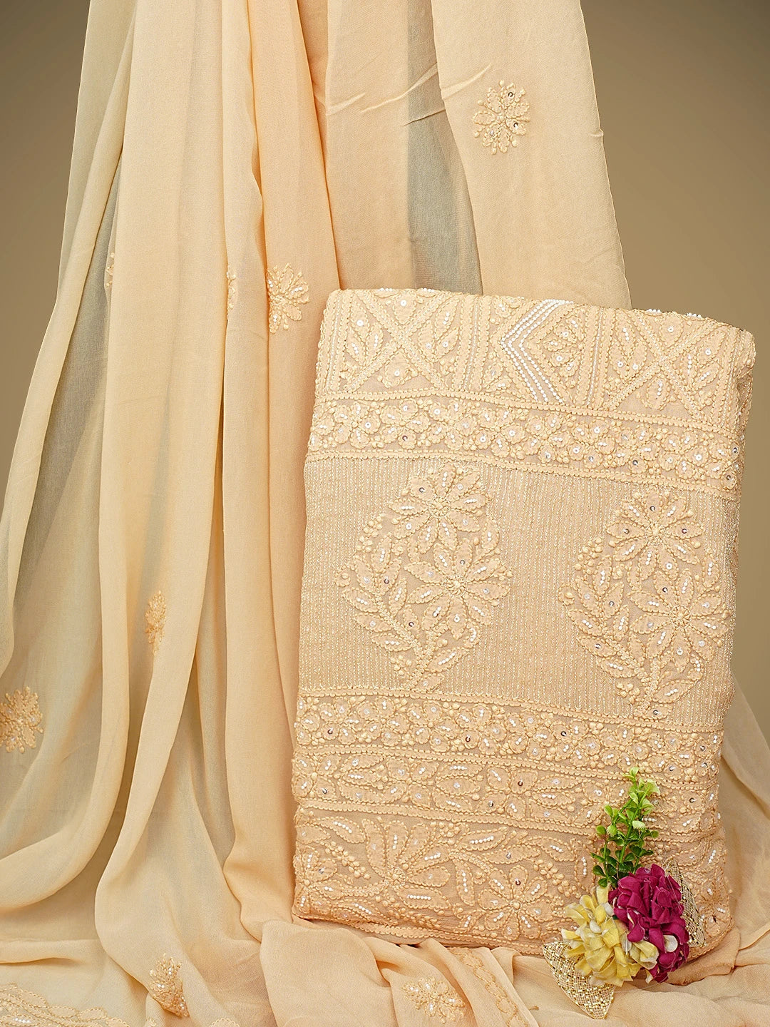 Ada Hand Embroidered Dusty Peach Viscose Georgette Lucknowi Chikankari Unstitched Kurta Dupatta Set With Pearl Work 01A957694