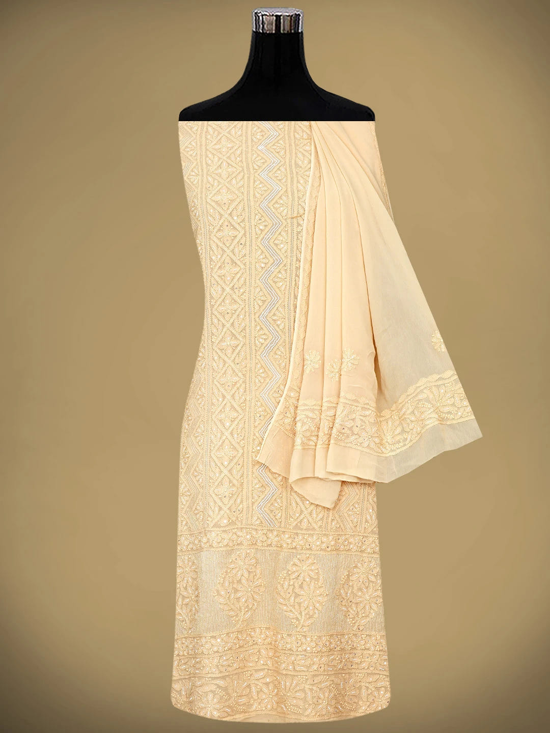 Ada Hand Embroidered Dusty Peach Viscose Georgette Lucknowi Chikankari Unstitched Kurta Dupatta Set With Pearl Work 01A957694