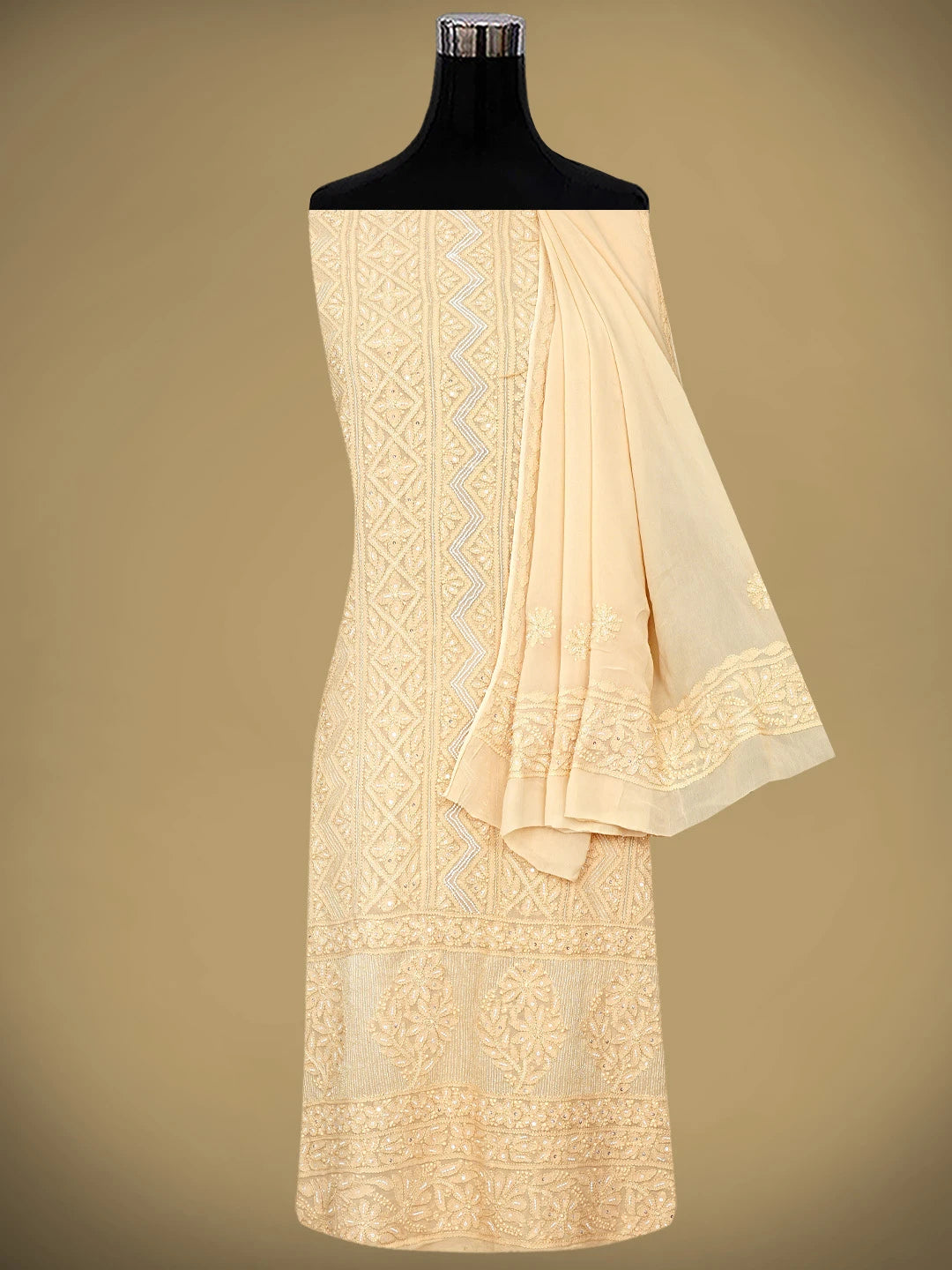 Ada Hand Embroidered Dusty Peach Viscose Georgette Lucknowi Chikankari Unstitched Kurta Dupatta Set With Pearl Work 01A957694