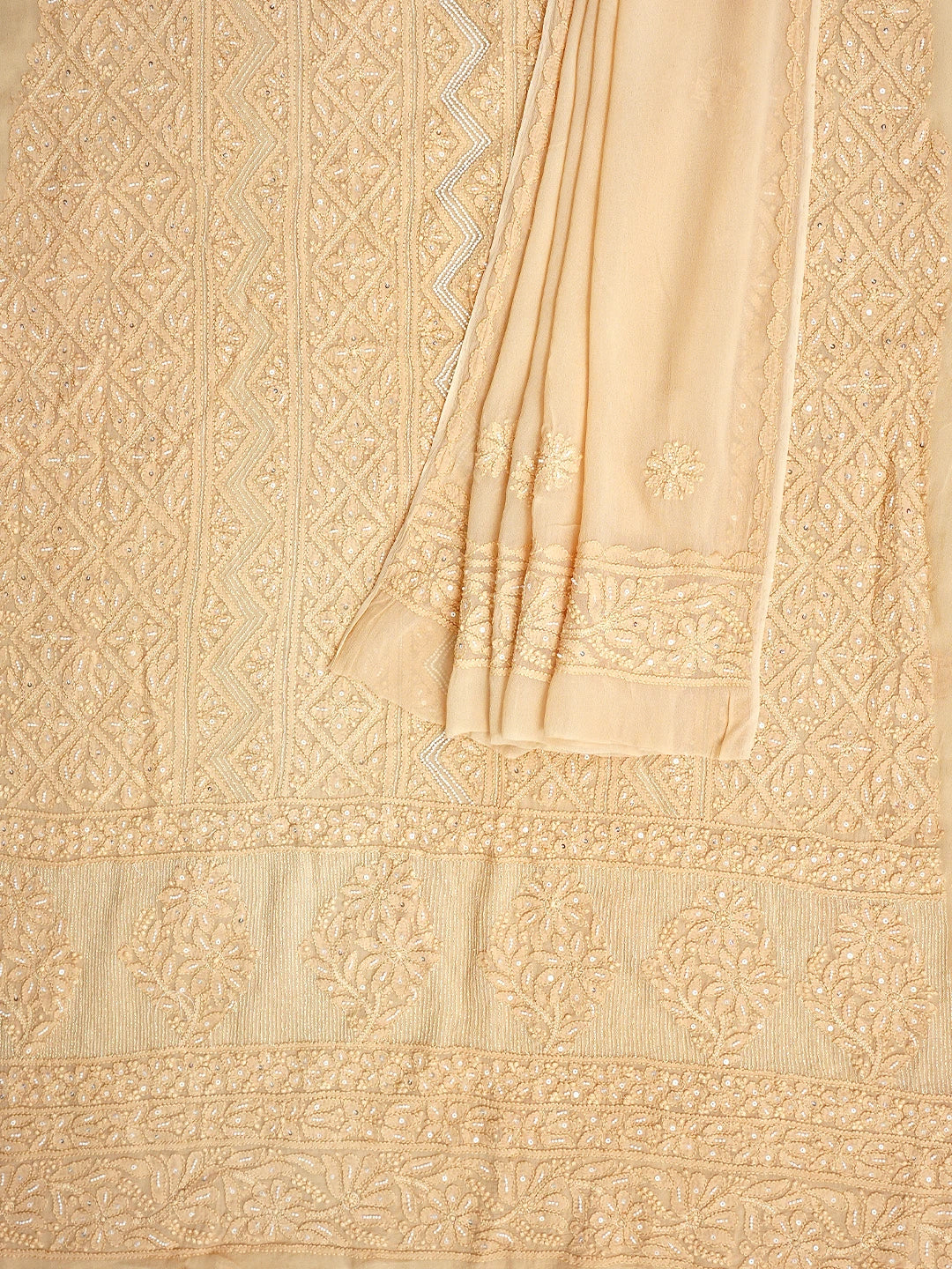Ada Hand Embroidered Dusty Peach Viscose Georgette Lucknowi Chikankari Unstitched Kurta Dupatta Set With Pearl Work 01A957694