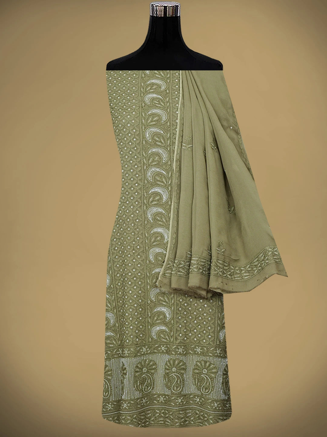 Ada Hand Embroidered Olive Green Viscose Georgette Lucknowi Chikankari Unstitched Kurta Dupatta Set With Cutdana Work 01A957839