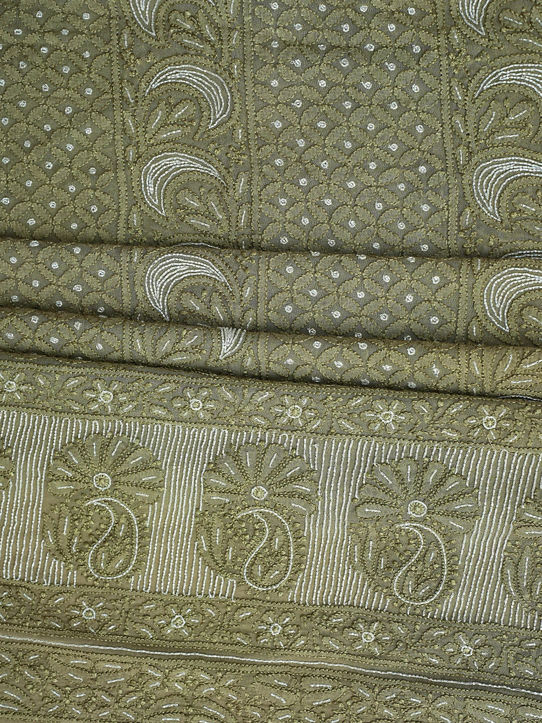 Ada Hand Embroidered Olive Green Viscose Georgette Lucknowi Chikankari Unstitched Kurta Dupatta Set With Cutdana Work 01A957839