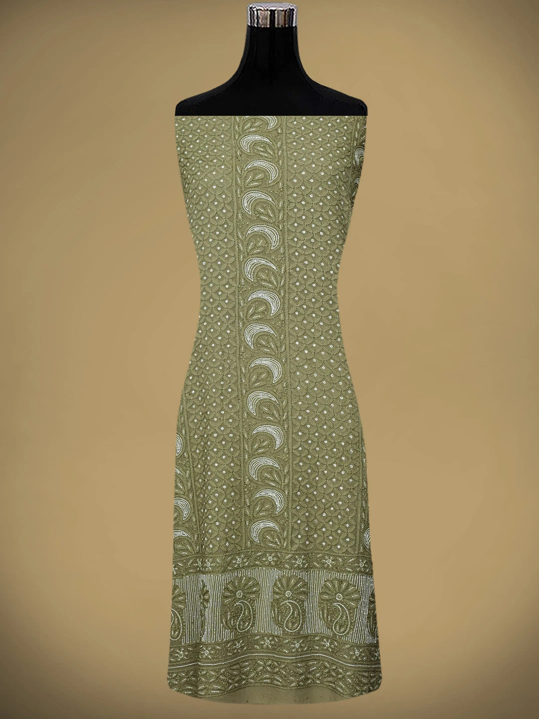 Ada Hand Embroidered Olive Green Viscose Georgette Lucknowi Chikankari Unstitched Kurta Dupatta Set With Cutdana Work 01A957839