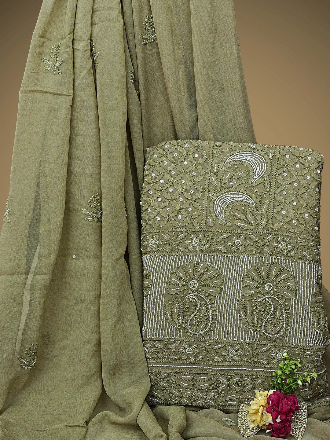 Ada Hand Embroidered Olive Green Viscose Georgette Lucknowi Chikankari Unstitched Kurta Dupatta Set With Cutdana Work 01A957839