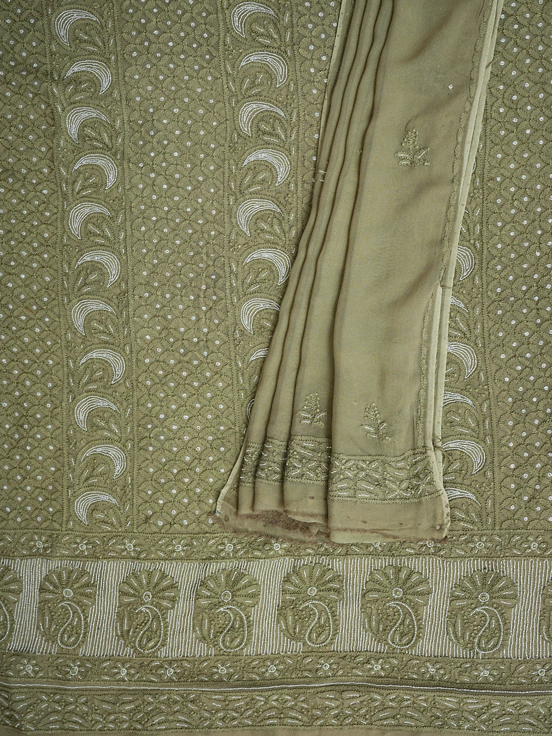 Ada Hand Embroidered Olive Green Viscose Georgette Lucknowi Chikankari Unstitched Kurta Dupatta Set With Cutdana Work 01A957839