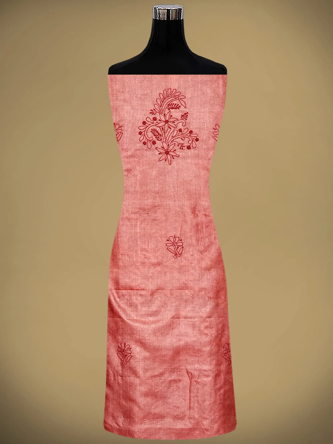Ada Hand Embroidered Carrot Pink Silk Lucknowi Chikankari Unstitched Suit Piece 01A965519