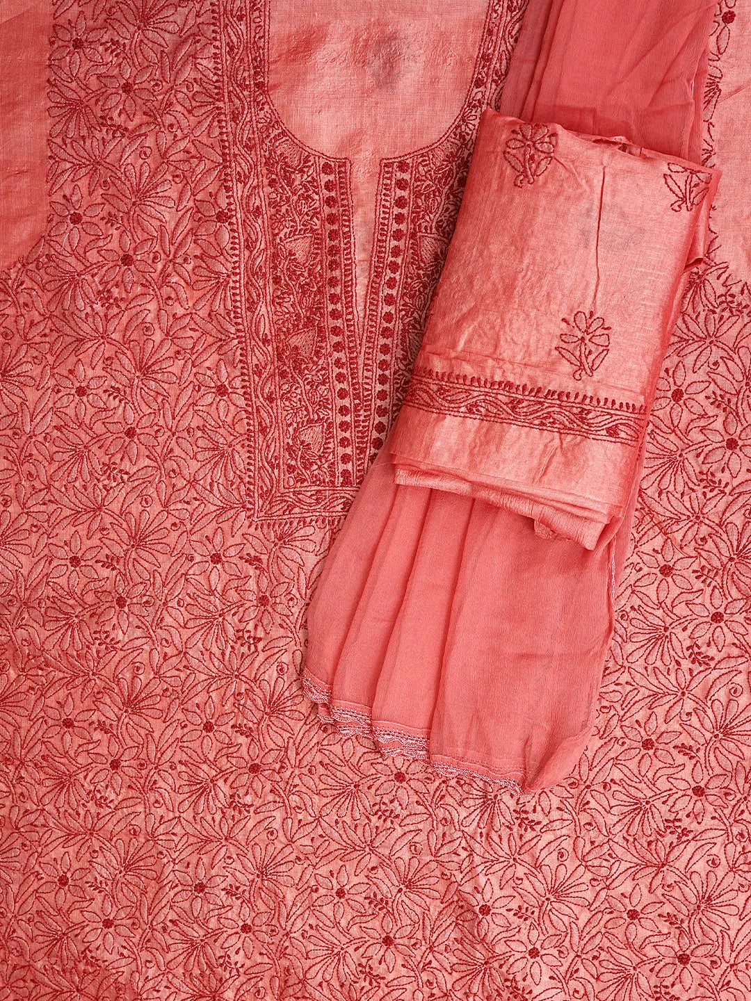 Ada Hand Embroidered Carrot Pink Silk Lucknowi Chikankari Unstitched Suit Piece 01A965519
