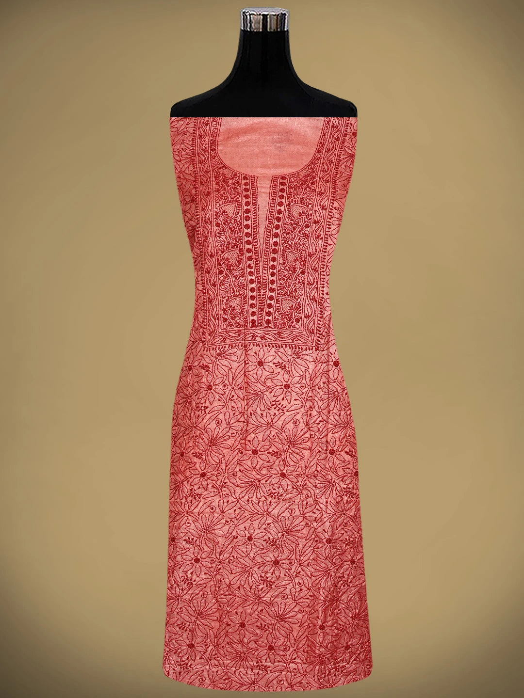 Ada Hand Embroidered Carrot Pink Silk Lucknowi Chikankari Unstitched Suit Piece 01A965519