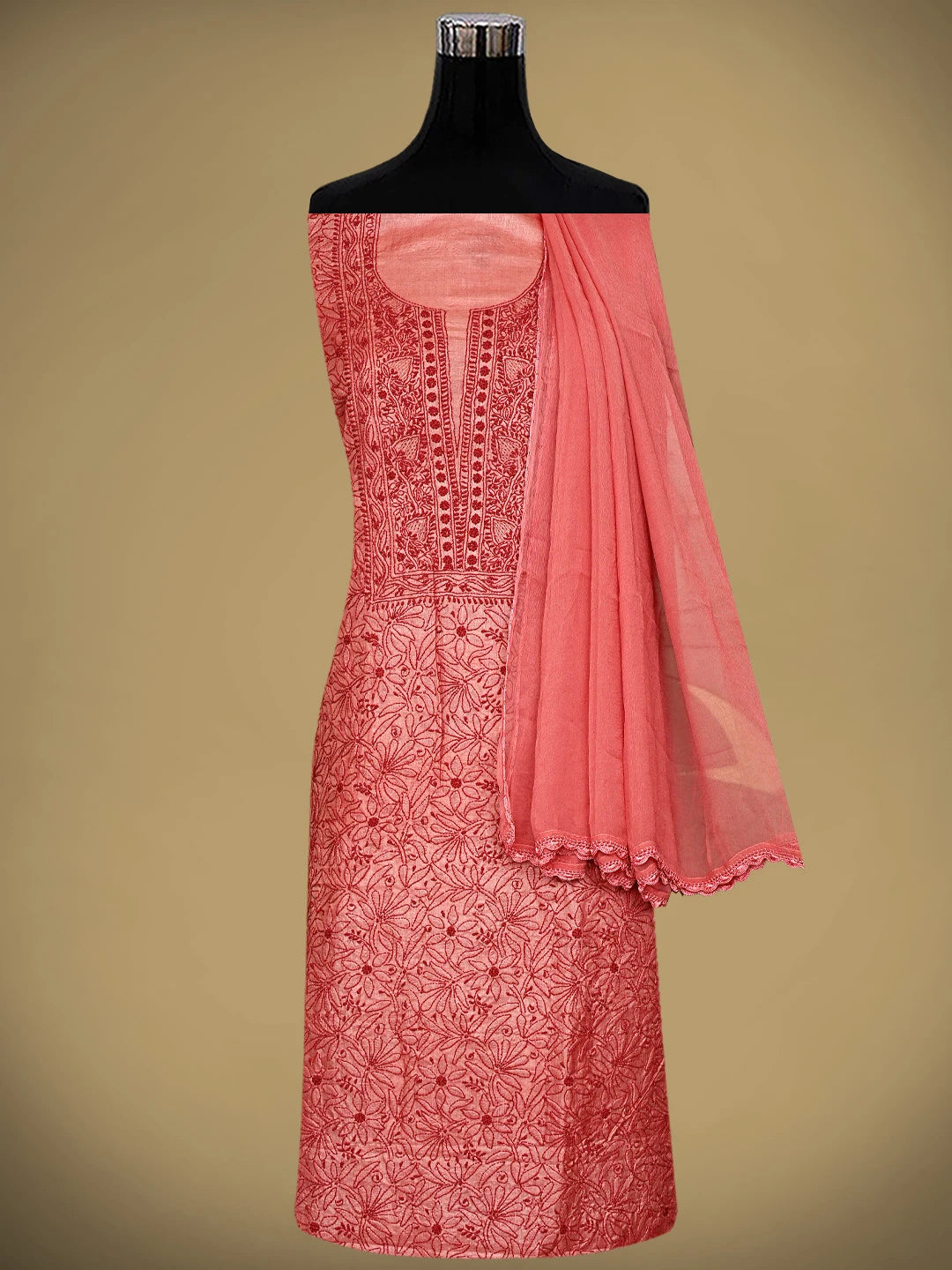 Ada Hand Embroidered Carrot Pink Silk Lucknowi Chikankari Unstitched Suit Piece 01A965519