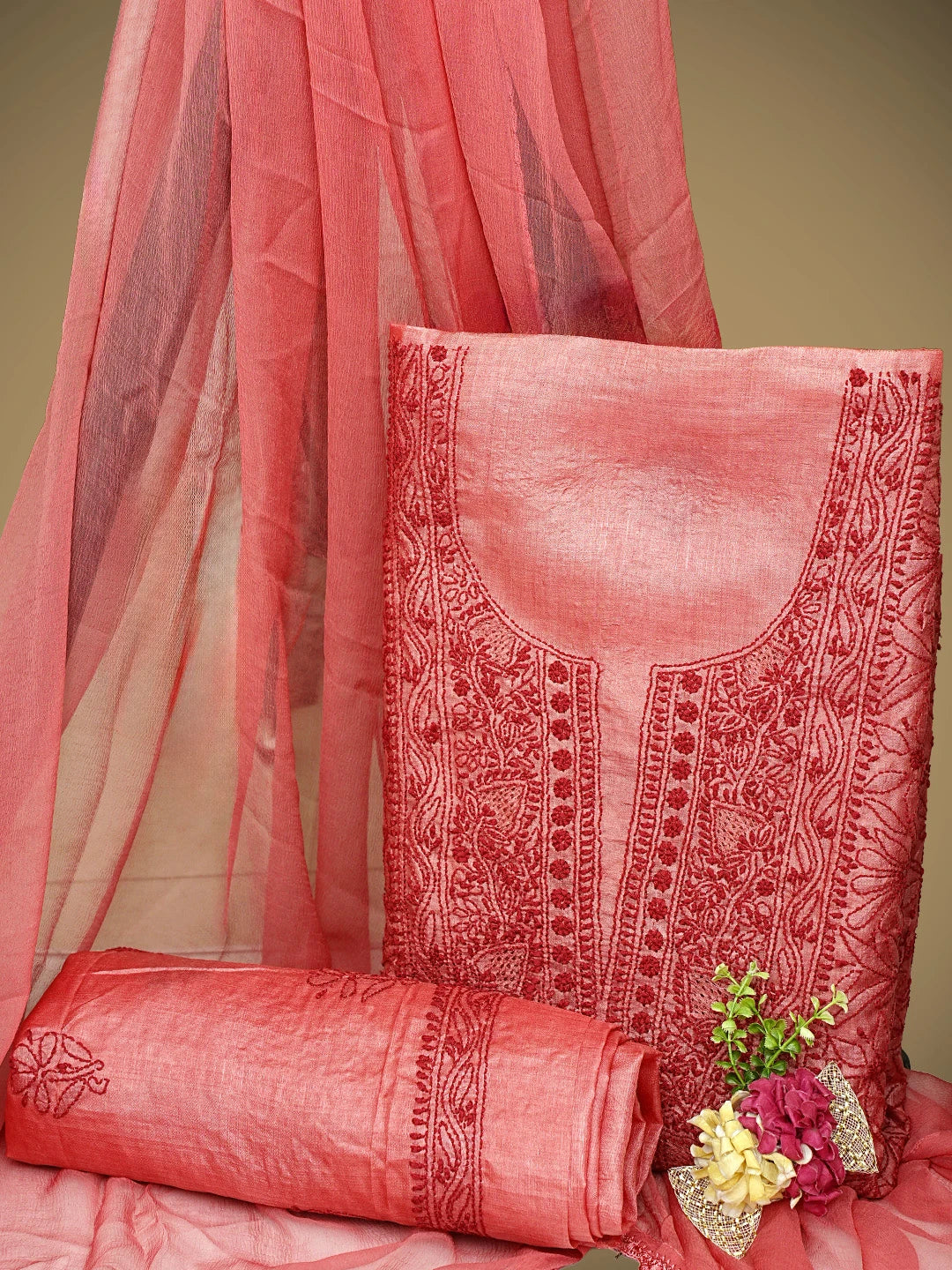Ada Hand Embroidered Carrot Pink Silk Lucknowi Chikankari Unstitched Suit Piece 01A965519