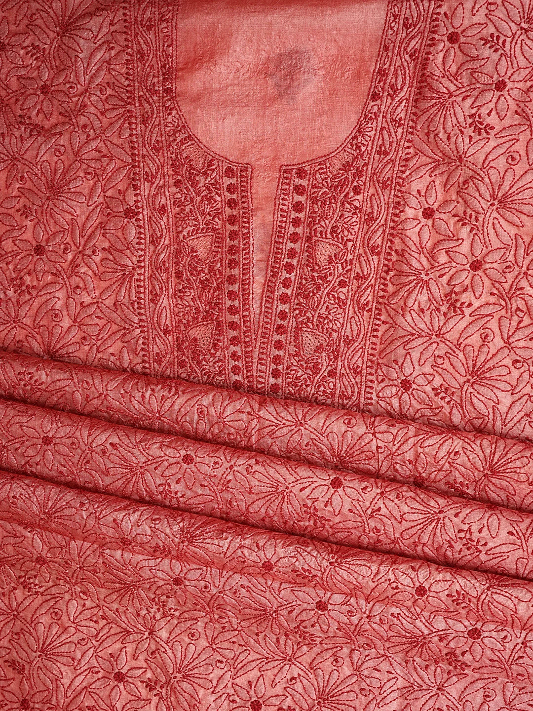 Ada Hand Embroidered Carrot Pink Silk Lucknowi Chikankari Unstitched Suit Piece 01A965519