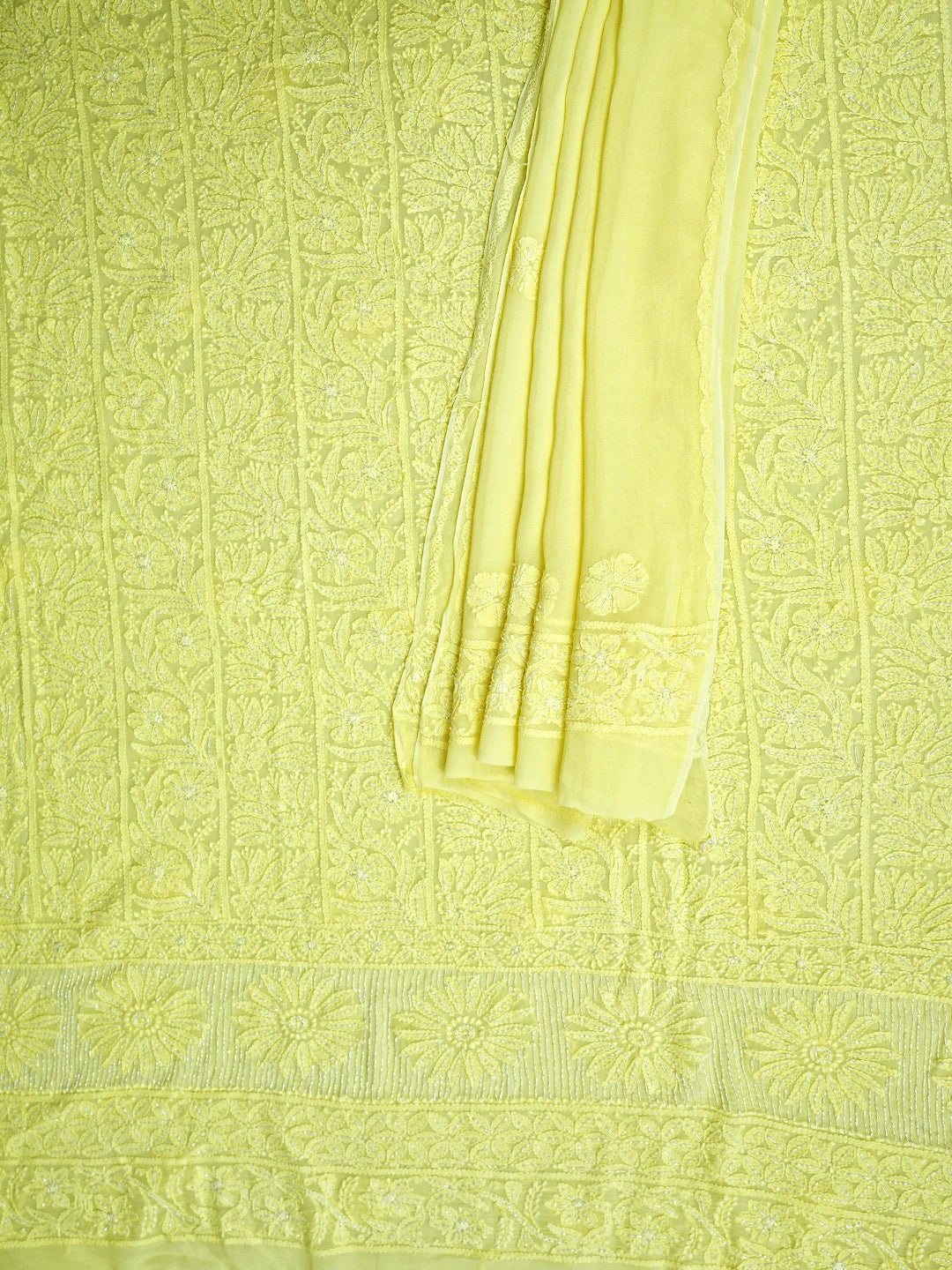 Ada Hand Embroidered Lemon Viscose Georgette Lucknowi Chikankari Unstitched Kurta Dupatta Set With Cutdana Work 01A934082
