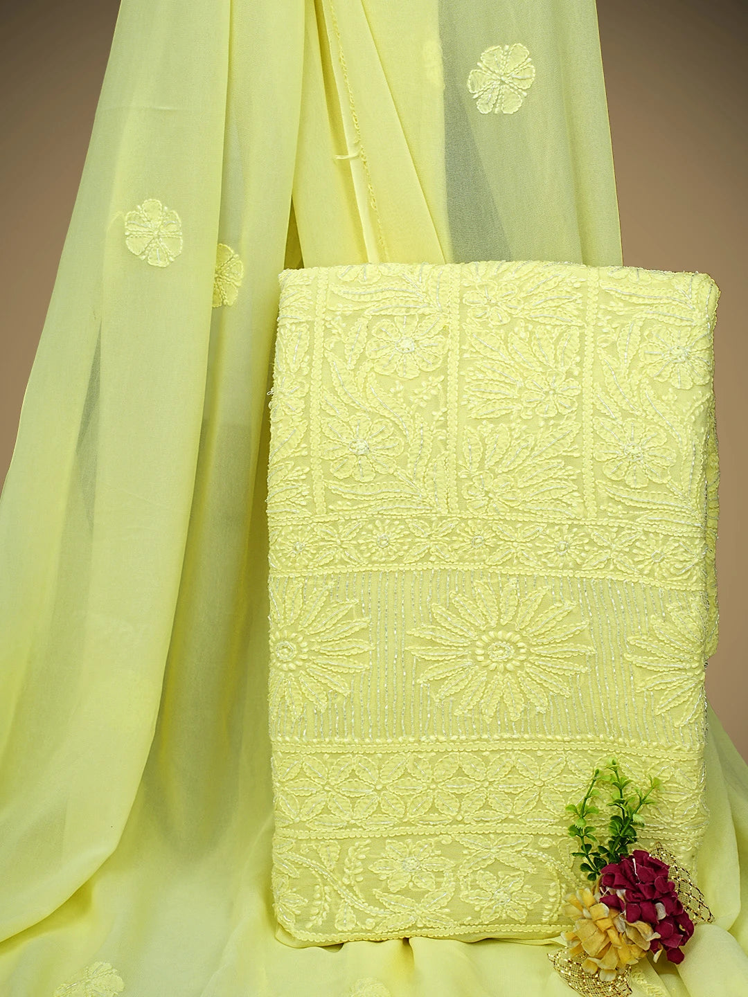 Ada Hand Embroidered Lemon Viscose Georgette Lucknowi Chikankari Unstitched Kurta Dupatta Set With Cutdana Work 01A934082
