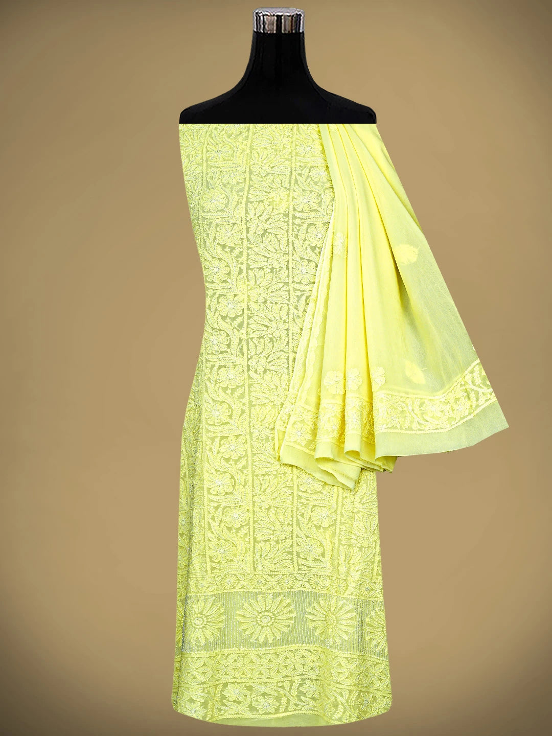 Ada Hand Embroidered Lemon Viscose Georgette Lucknowi Chikankari Unstitched Kurta Dupatta Set With Cutdana Work 01A934082