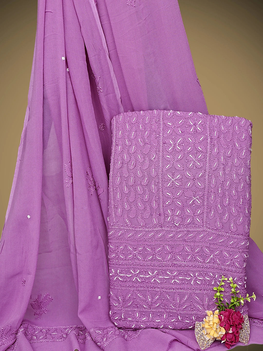 Ada Hand Embroidered Purple Viscose Georgette Lucknowi Chikankari Unstitched Kurta Dupatta Set With Cutdana Work 01A751152