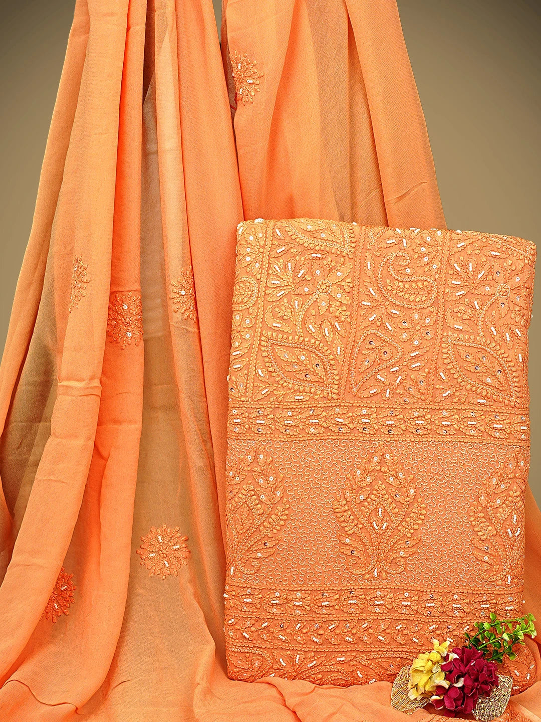 Ada Hand Embroidered Tangerine Dream Orange Viscose Georgette Lucknowi Chikankari Unstitched Kurta Dupatta Set With Cutdana Work 01A957747