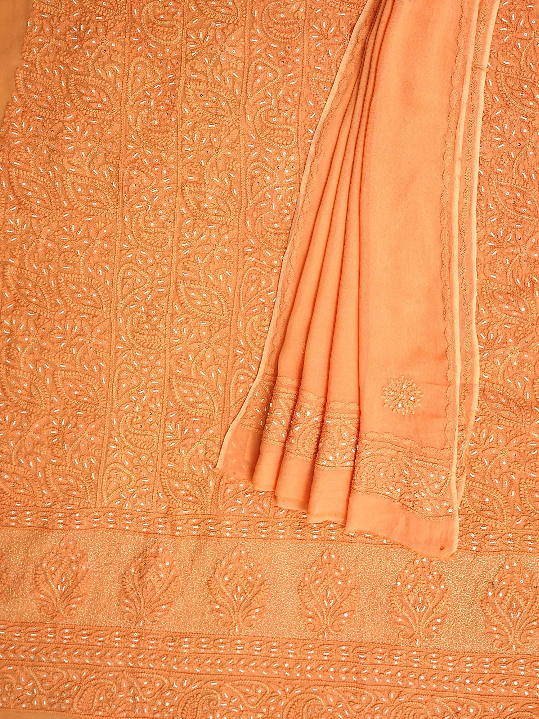 Ada Hand Embroidered Tangerine Dream Orange Viscose Georgette Lucknowi Chikankari Unstitched Kurta Dupatta Set With Cutdana Work 01A957747