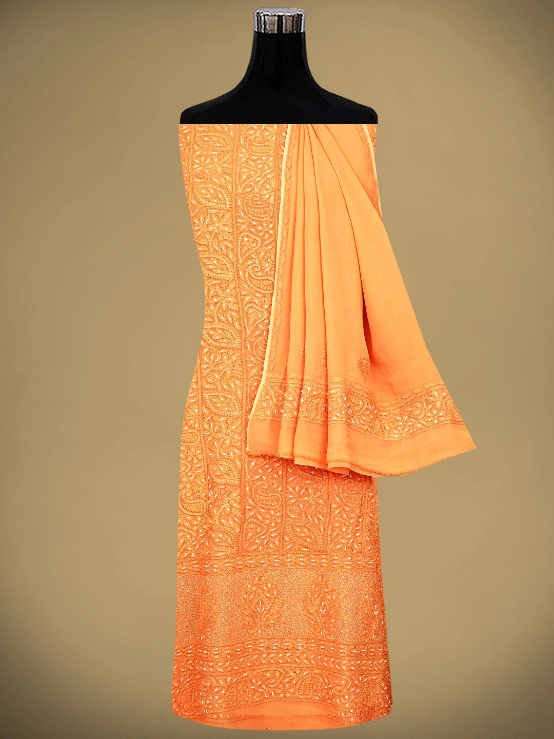 Ada Hand Embroidered Tangerine Dream Orange Viscose Georgette Lucknowi Chikankari Unstitched Kurta Dupatta Set With Cutdana Work 01A957747