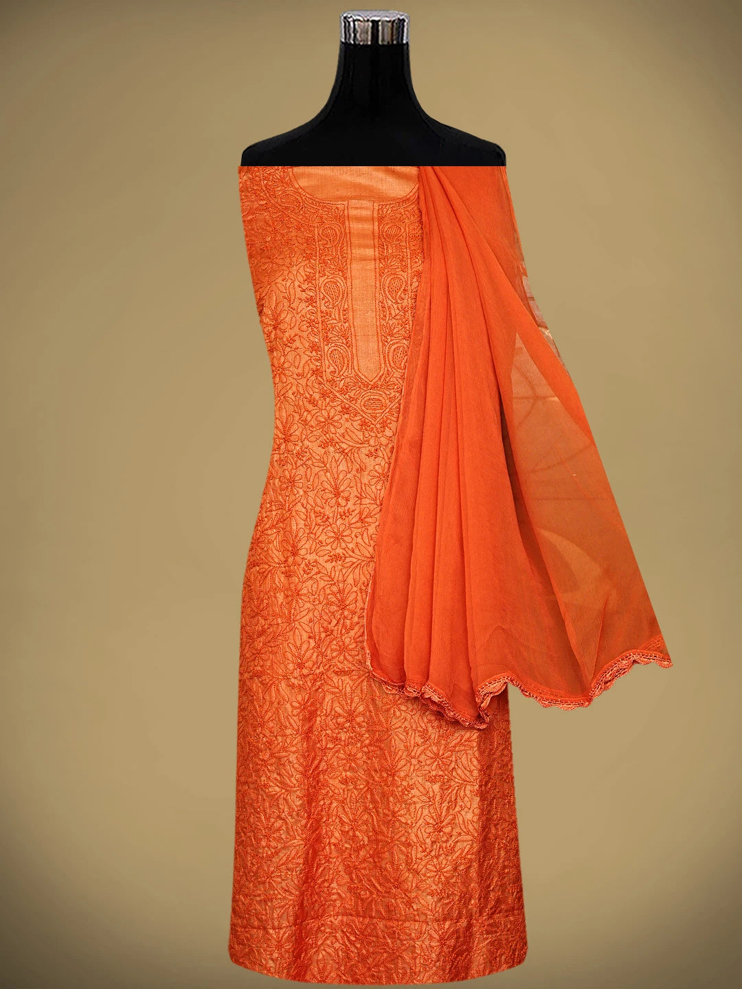 Ada Hand Embroidered Orange Silk Lucknowi Chikankari Unstitched Suit Piece 01A965593
