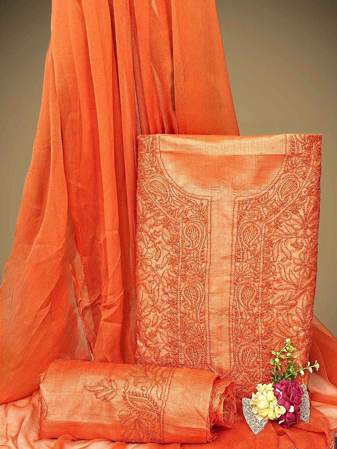 Ada Hand Embroidered Orange Silk Lucknowi Chikankari Unstitched Suit Piece 01A965593
