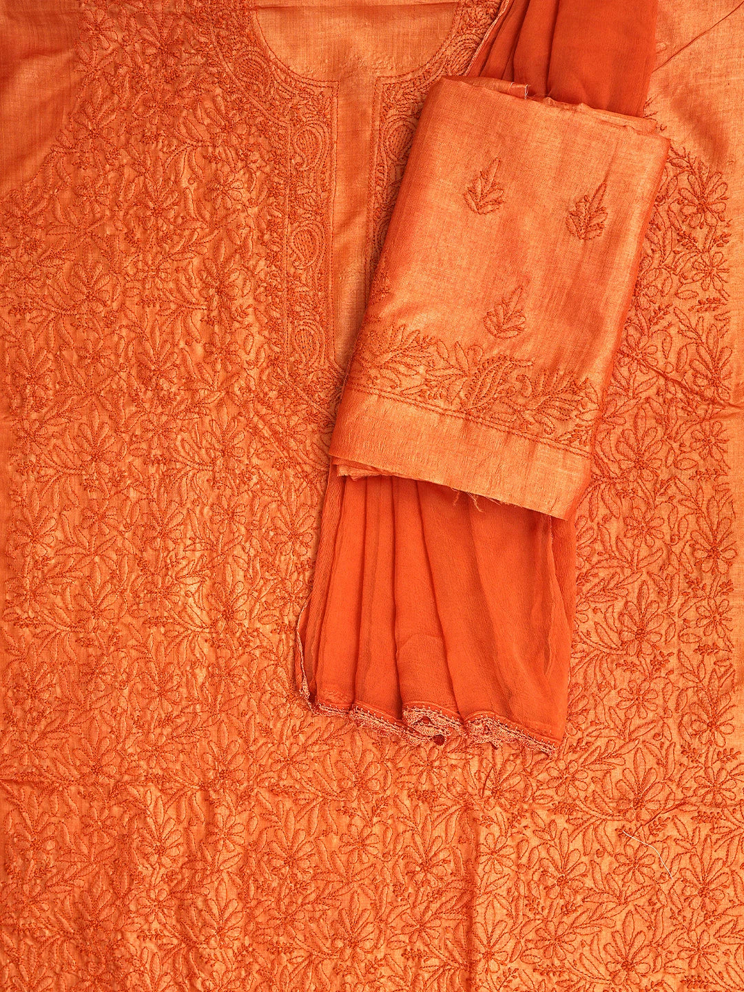 Ada Hand Embroidered Orange Silk Lucknowi Chikankari Unstitched Suit Piece 01A965593