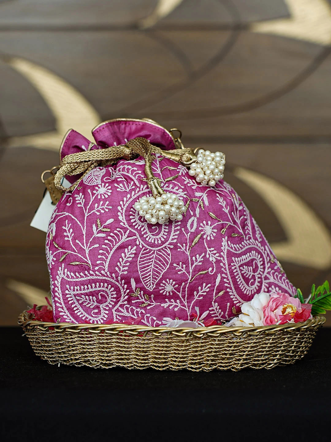 Ada Hand Embroidered Magenta Silk Lucknowi Chikankari Potli Bag With Zari Work 01A939325
