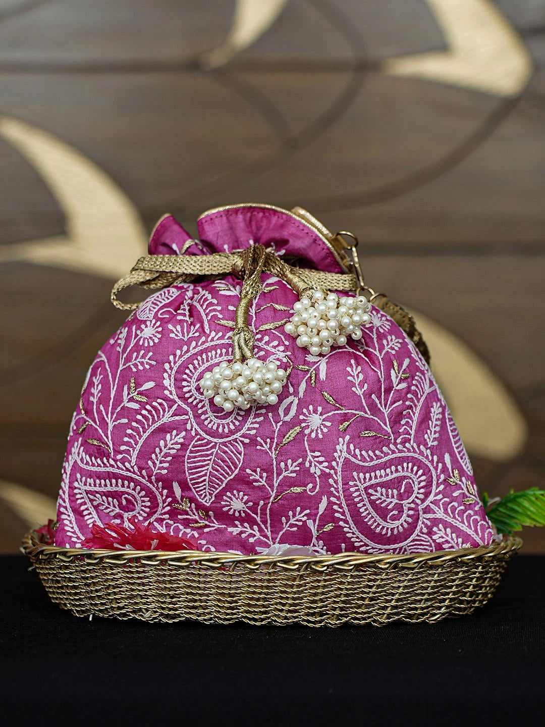Ada Hand Embroidered Magenta Silk Lucknowi Chikankari Potli Bag With Zari Work 01A939325