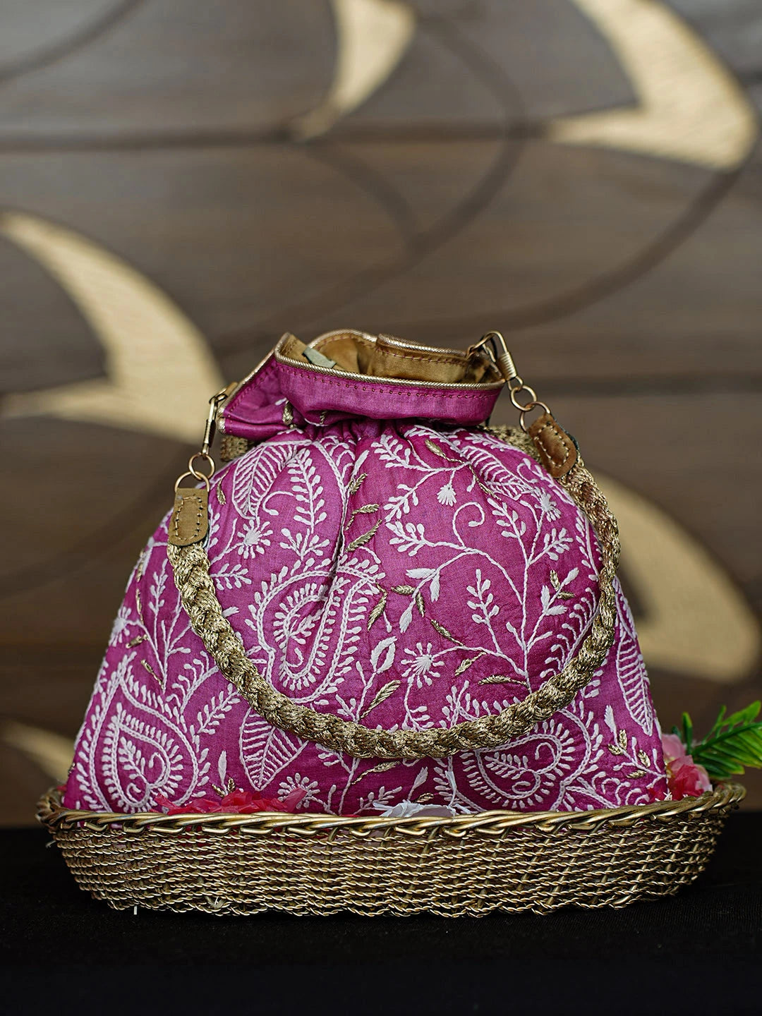 Ada Hand Embroidered Magenta Silk Lucknowi Chikankari Potli Bag With Zari Work 01A939325
