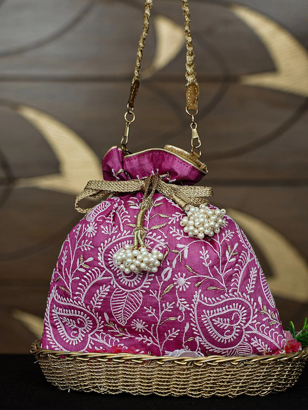 Ada Hand Embroidered Magenta Silk Lucknowi Chikankari Potli Bag With Zari Work 01A939325