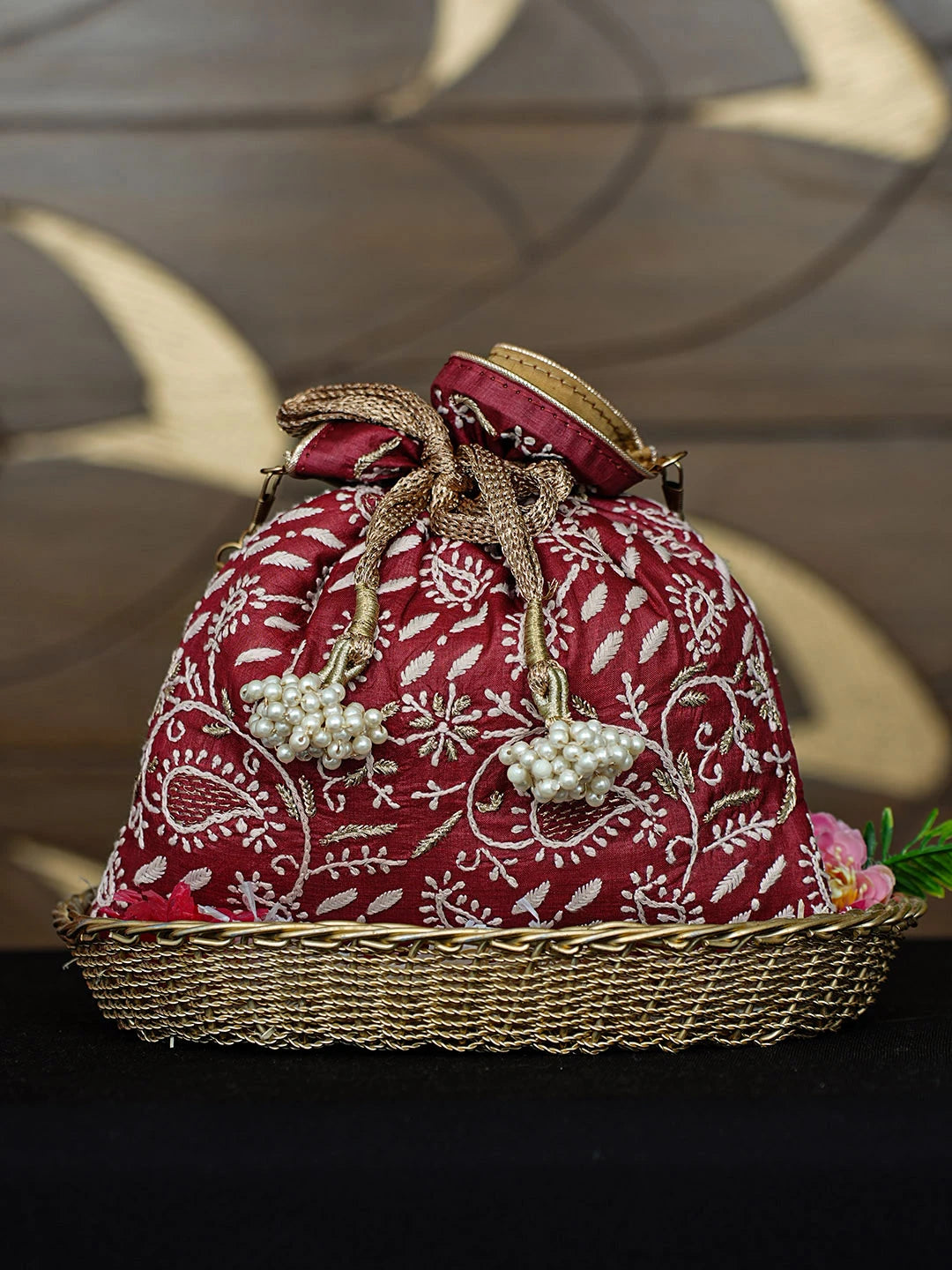 Ada Hand Embroidered Maroon Silk Lucknowi Chikankari Potli Bag With Zari Work 01A953256