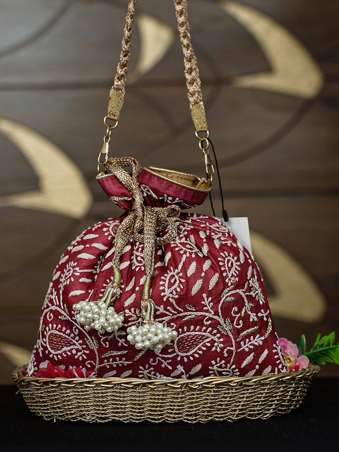 Ada Hand Embroidered Maroon Silk Lucknowi Chikankari Potli Bag With Zari Work 01A953256