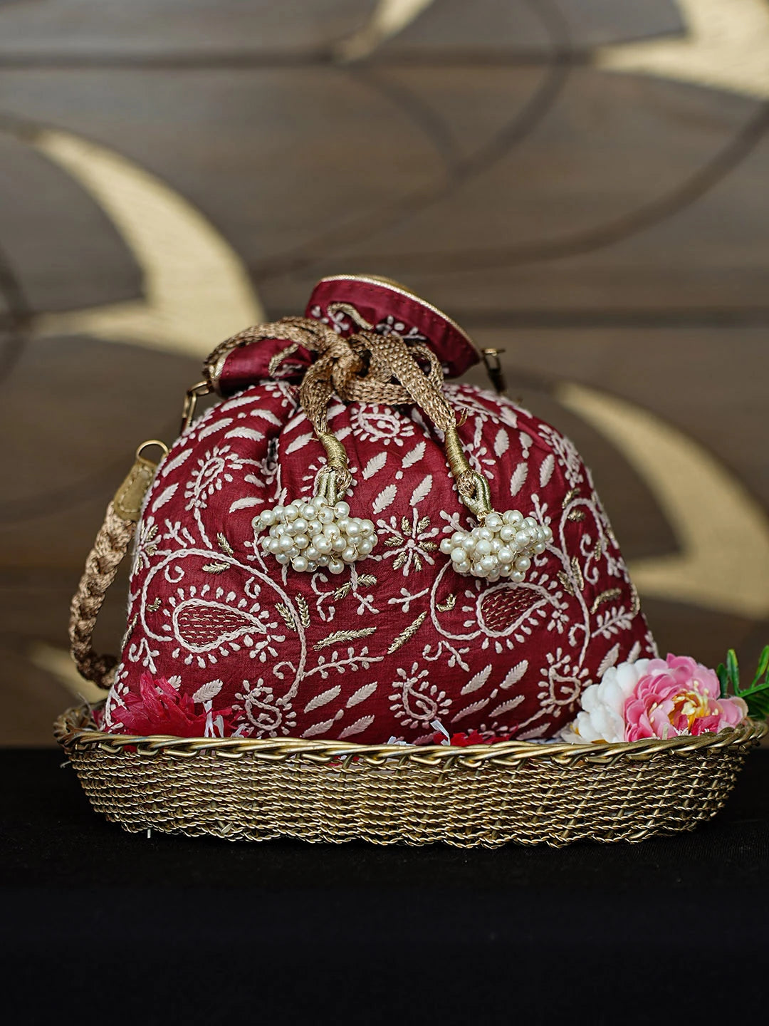Ada Hand Embroidered Maroon Silk Lucknowi Chikankari Potli Bag With Zari Work 01A953256