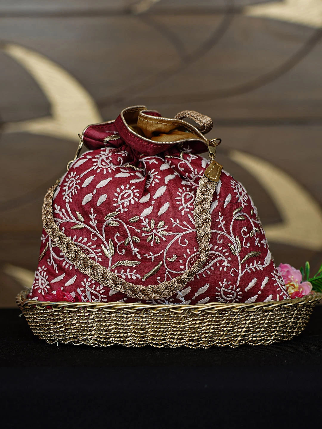 Ada Hand Embroidered Maroon Silk Lucknowi Chikankari Potli Bag With Zari Work 01A953256