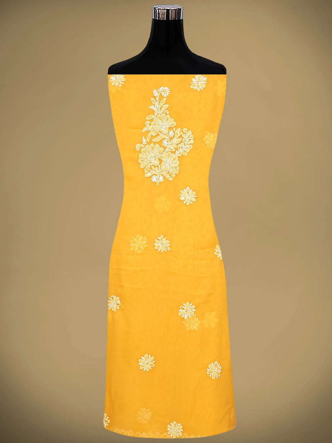 Ada Hand Embroidered Mustard Georgette Lucknowi Chikankari Unstitched Suit Piece With Pearl Work 01A966640