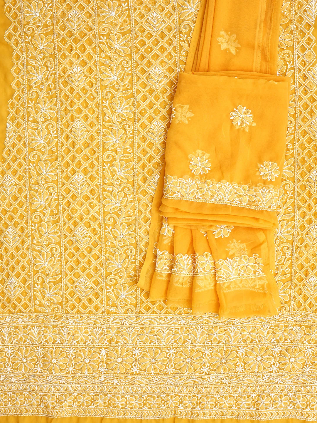 Ada Hand Embroidered Mustard Georgette Lucknowi Chikankari Unstitched Suit Piece With Pearl Work 01A966640