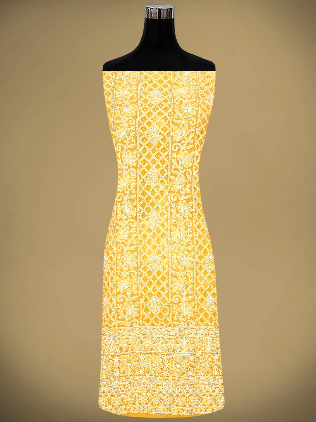 Ada Hand Embroidered Mustard Georgette Lucknowi Chikankari Unstitched Suit Piece With Pearl Work 01A966640