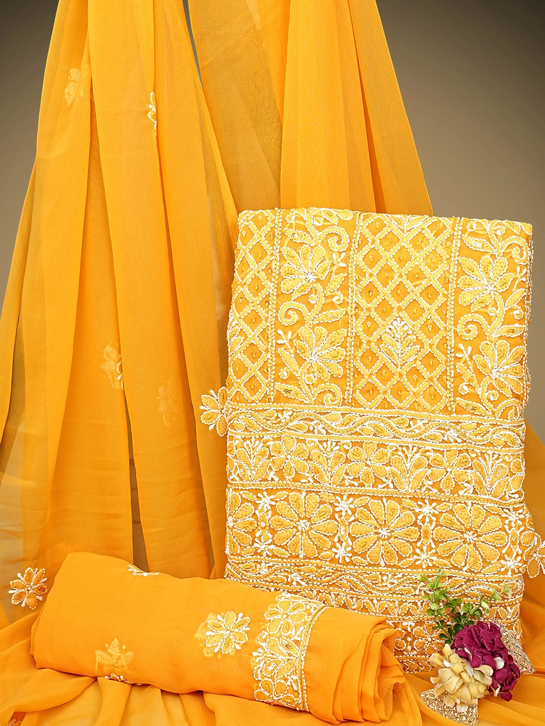 Ada Hand Embroidered Mustard Georgette Lucknowi Chikankari Unstitched Suit Piece With Pearl Work 01A966640