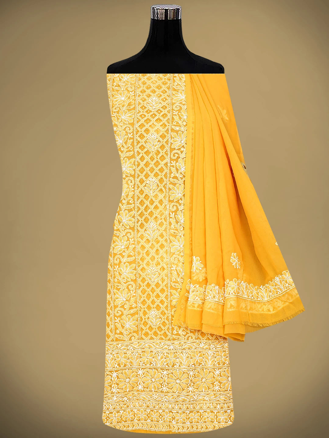 Ada Hand Embroidered Mustard Georgette Lucknowi Chikankari Unstitched Suit Piece With Pearl Work 01A966640