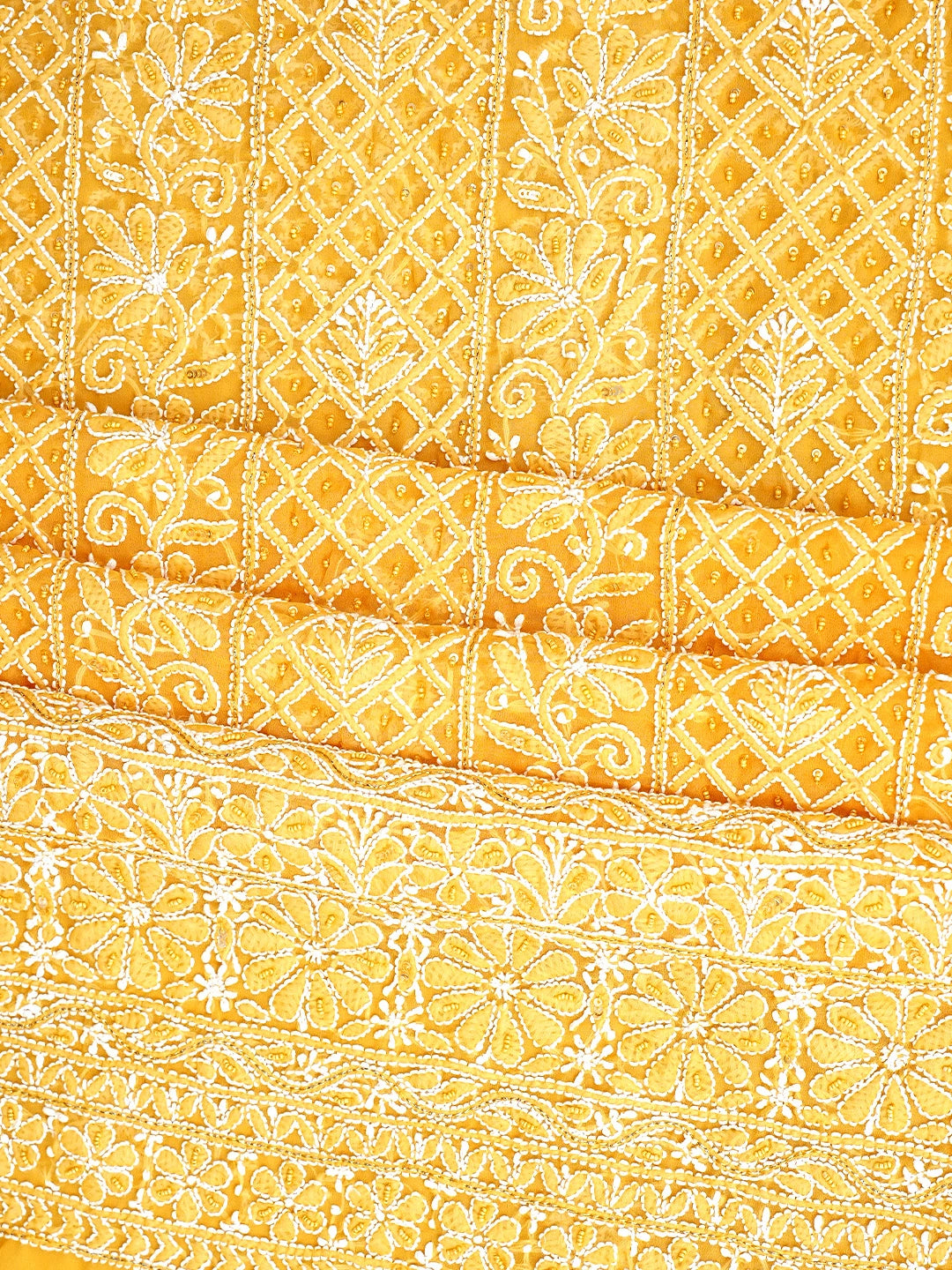 Ada Hand Embroidered Mustard Georgette Lucknowi Chikankari Unstitched Suit Piece With Pearl Work 01A966640