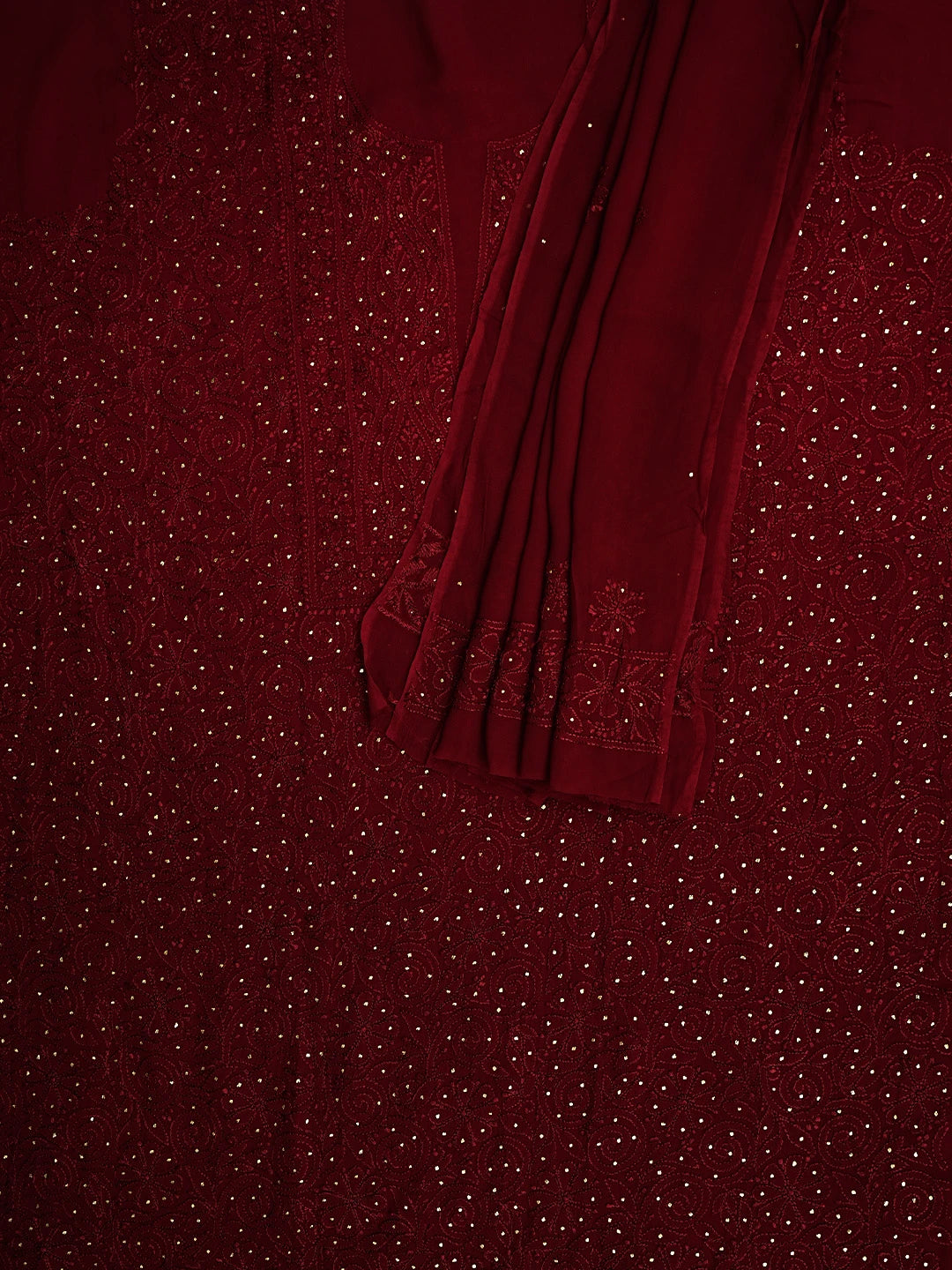 Ada Hand Embroidered Maroon Viscose Georgette Lucknowi Chikankari Unstitched Kurta Dupatta Set With Muqaish Work 01A933321