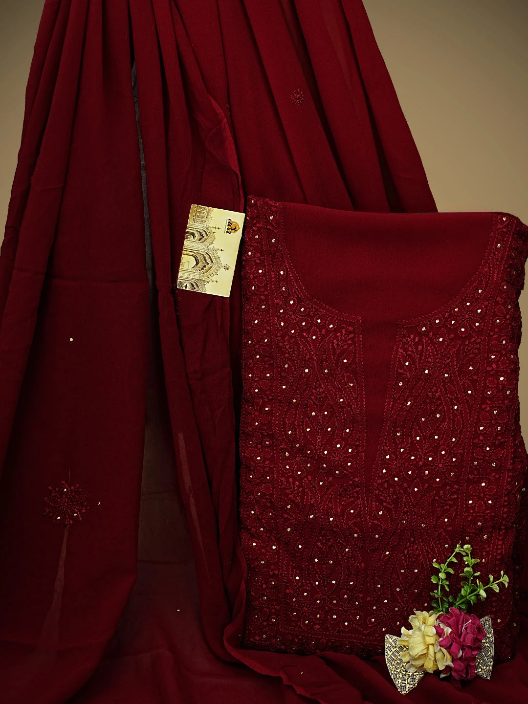 Ada Hand Embroidered Maroon Viscose Georgette Lucknowi Chikankari Unstitched Kurta Dupatta Set With Muqaish Work 01A933321