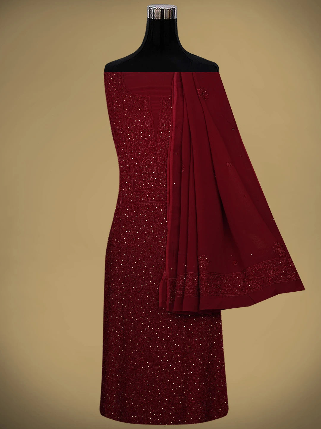 Ada Hand Embroidered Maroon Viscose Georgette Lucknowi Chikankari Unstitched Kurta Dupatta Set With Muqaish Work 01A933321
