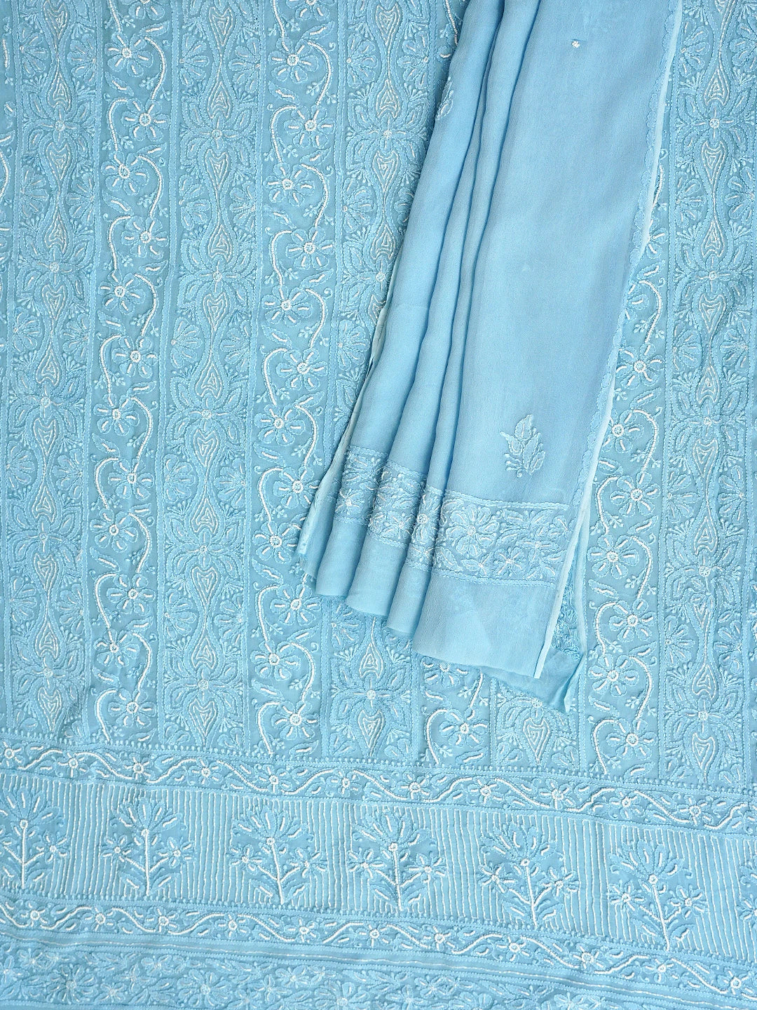 Ada Hand Embroidered Baby Blue Viscose Georgette Lucknowi Chikankari Unstitched Kurta Dupatta Set With Cutdana Work 01A951200