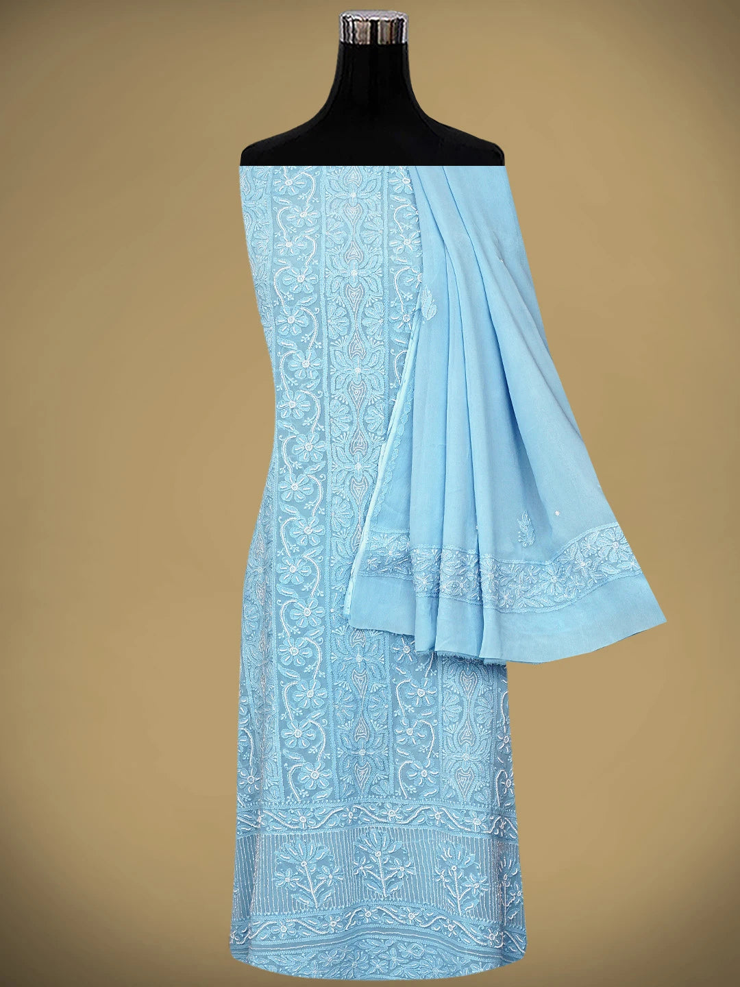 Ada Hand Embroidered Baby Blue Viscose Georgette Lucknowi Chikankari Unstitched Kurta Dupatta Set With Cutdana Work 01A951200