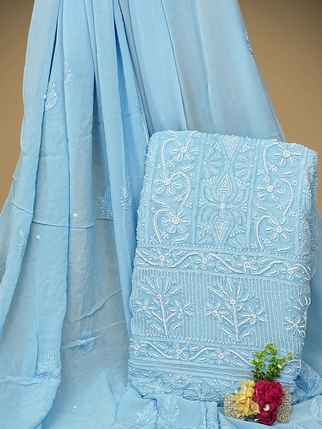 Ada Hand Embroidered Baby Blue Viscose Georgette Lucknowi Chikankari Unstitched Kurta Dupatta Set With Cutdana Work 01A951200