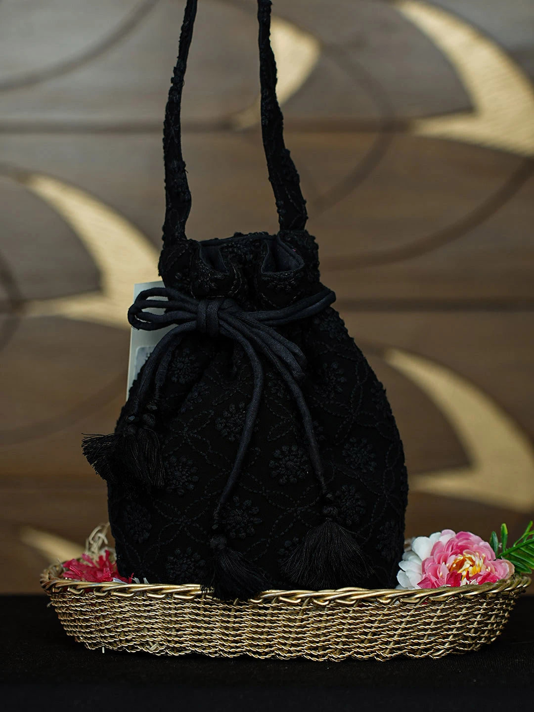 Ada Hand Embroidered Black Viscose Georgette Lucknowi Chikankari Potli Bag 01A959772