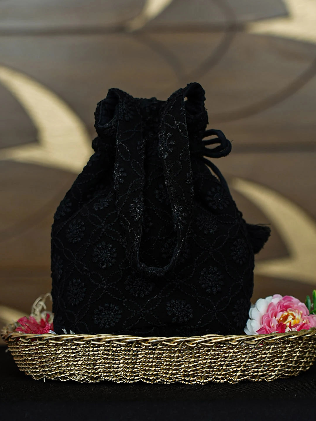 Ada Hand Embroidered Black Viscose Georgette Lucknowi Chikankari Potli Bag 01A959772
